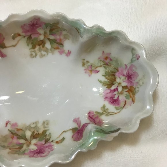 MZ Austria * Pink Flowers White Porcelain Bown Green Accents EUC Vintage Dessert - Picture 5 of 9